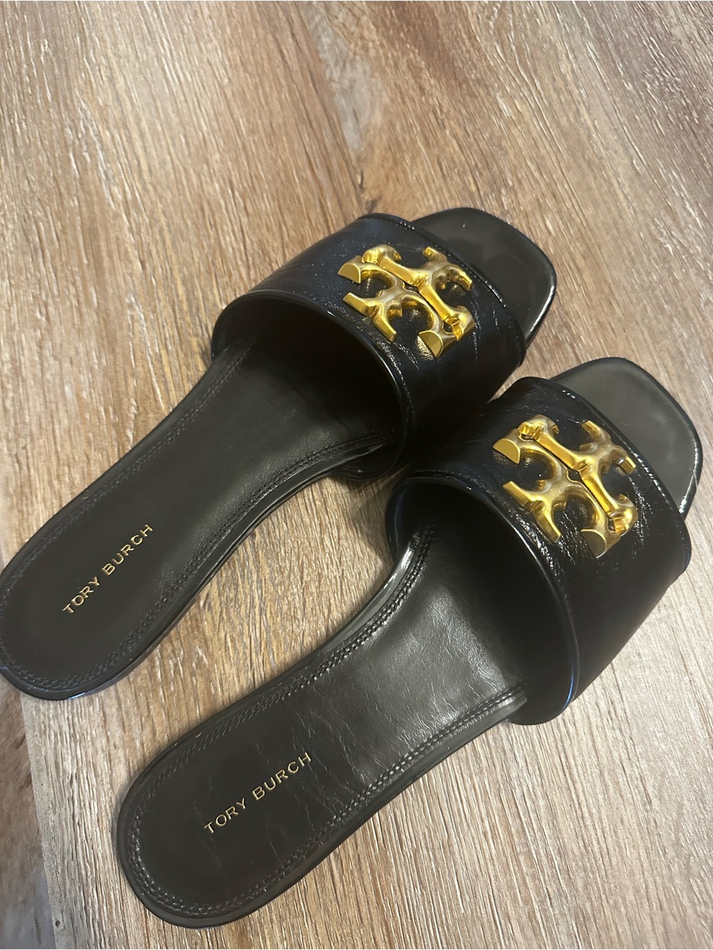 Tory Burch Black Leather Slide Sandals with Gold Logo Emblem - Picture 2 of 6